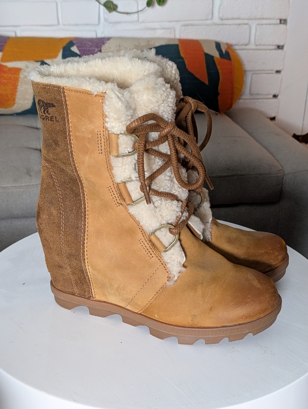 Sorel Joan of Arctic Leather Shearling Winter Boots Size 7 Waterproof Lace Up - Picture 4 of 7